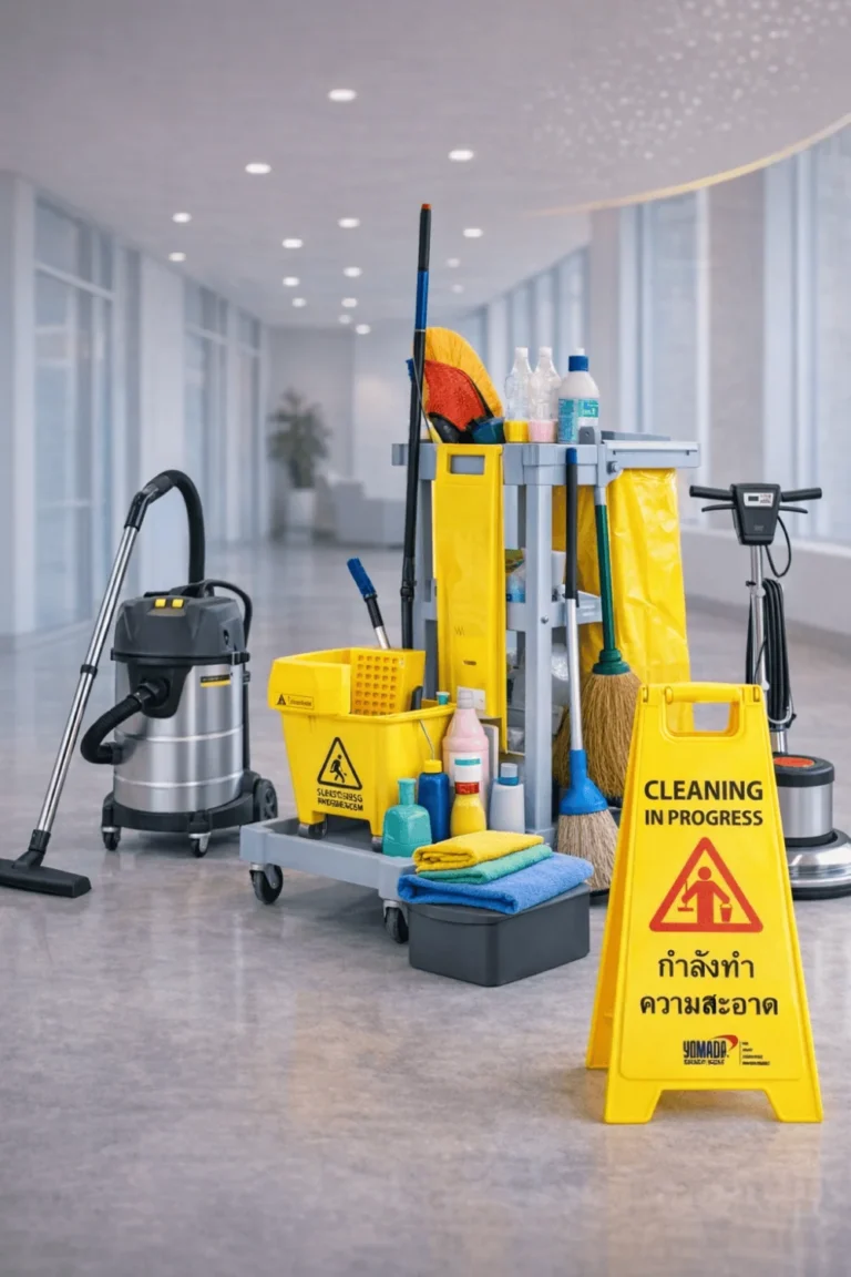 ชุดอุปกรณ์ทำความสะอาดพร้อมรถเข็นสำหรับงานทำความสะอาดอาคาร พร้อมป้ายเตือนความปลอดภัยระหว่างปฏิบัติงาน บริการรักษาความสะอาดจาก NB