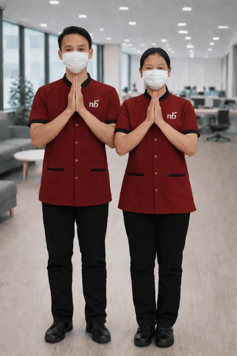 พนักงานทำความสะอาดสวมหน้ากากและถุงมือยืนไหว้ทักทายในสำนักงาน แสดงถึงการบริการที่สุภาพและเป็นมืออาชีพ