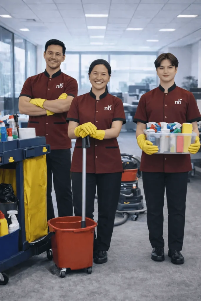 กลุ่มพนักงานทำความสะอาดยืนอย่ามีระเบียบ แต่งกายในยูนิฟอร์มของบริษัท นอเทอร์เบล