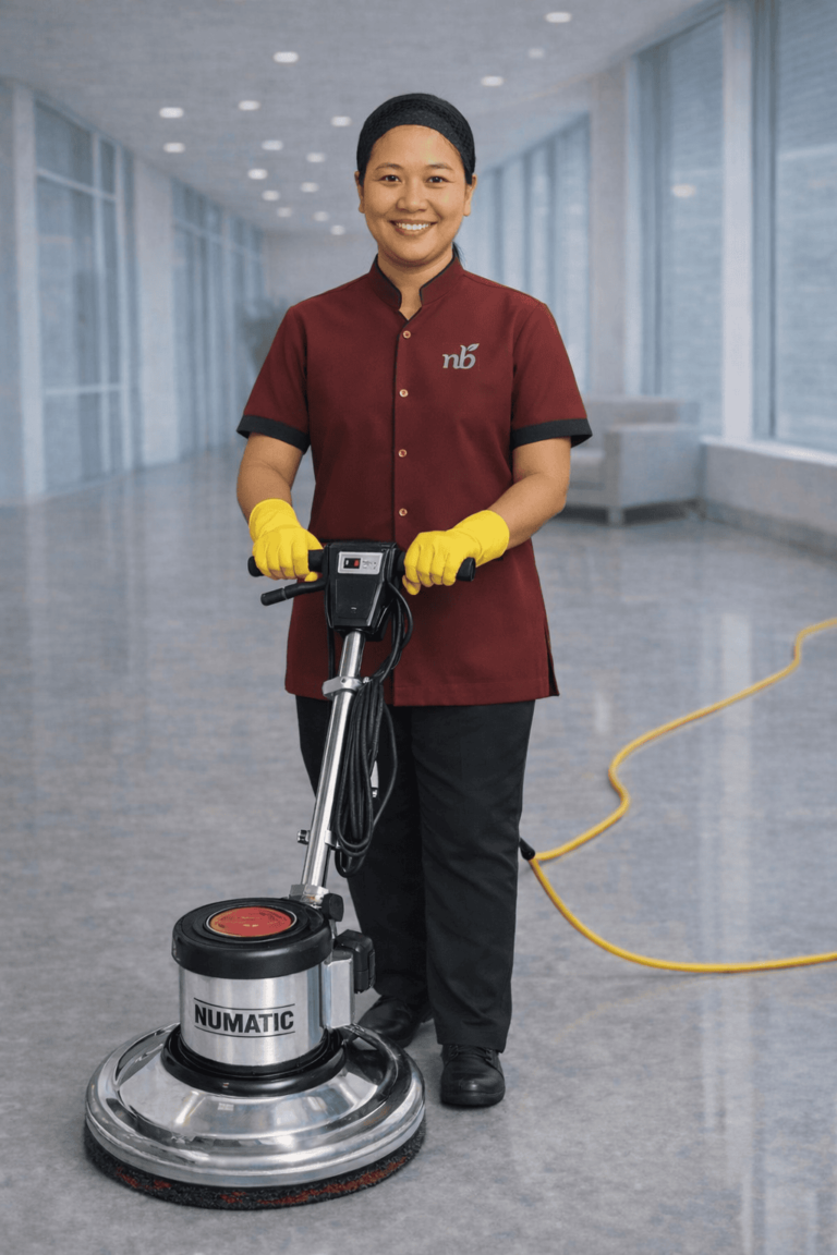 พนักงานทำความสะอาดกำลังใช้เครื่องขัดพื้นภายในอาคารสำนักงาน เพื่อให้พื้นสะอาดและเงางามอย่างมืออาชีพ