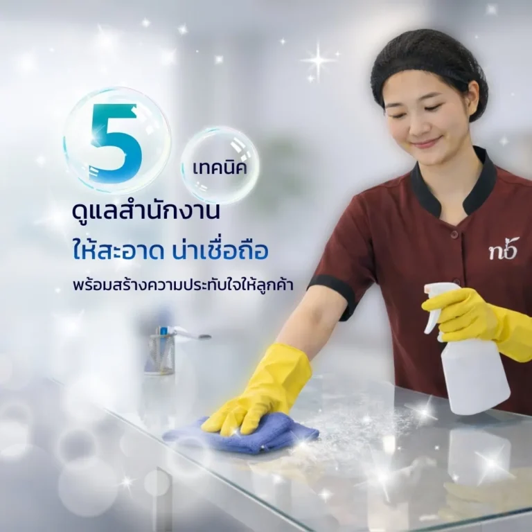 พนักงานทำความสะอาดกำลังเช็ดกระจกด้วยน้ำยาทำความสะอาด เพื่อดูแลสำนักงานให้สะอาดและน่าเชื่อถือ