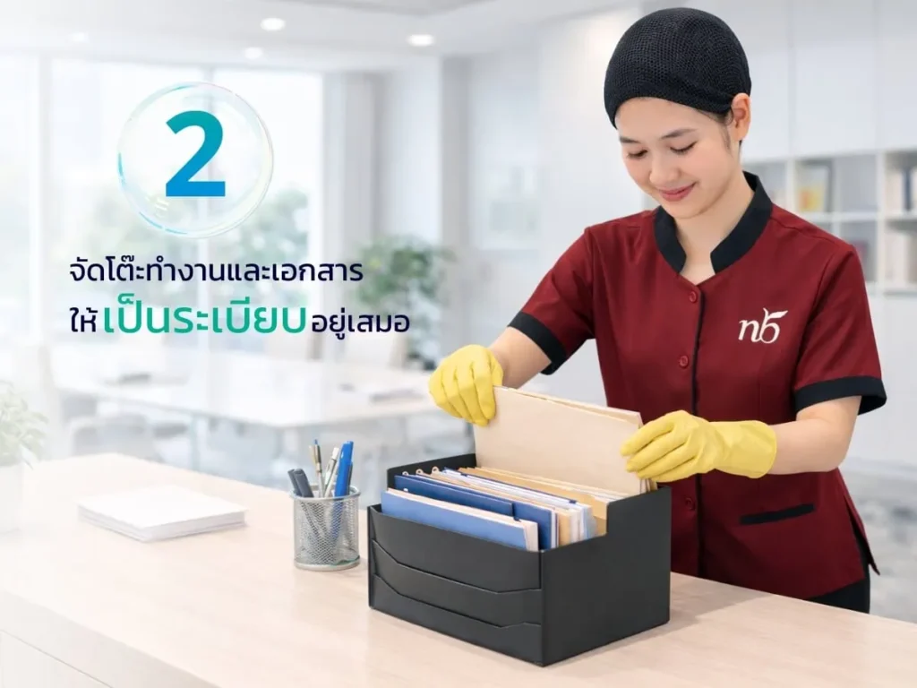 พนักงานกำลังจัดเรียงเอกสารบนโต๊ะทำงานให้เป็นระเบียบ เพื่อให้พื้นที่สำนักงานดูเรียบร้อยและทำงานได้อย่างมีประสิทธิภาพ
