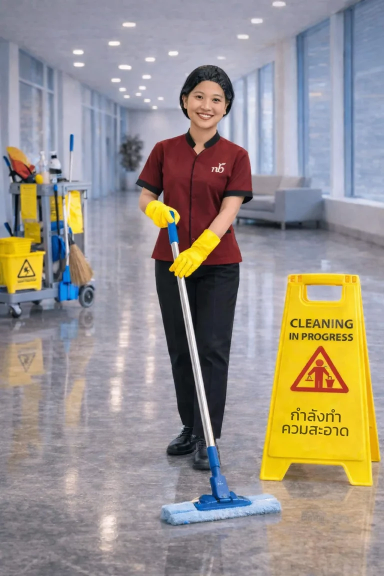 พนักงานทำความสะอาดกำลังถูพื้นภายในอาคาร พร้อมป้ายเตือนความปลอดภัยระหว่างปฏิบัติงาน