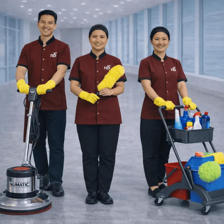 พนักงานของบริษัททำความสะอาด นอเทอร์เบล (NB) ยืนพร้อมให้บริการ