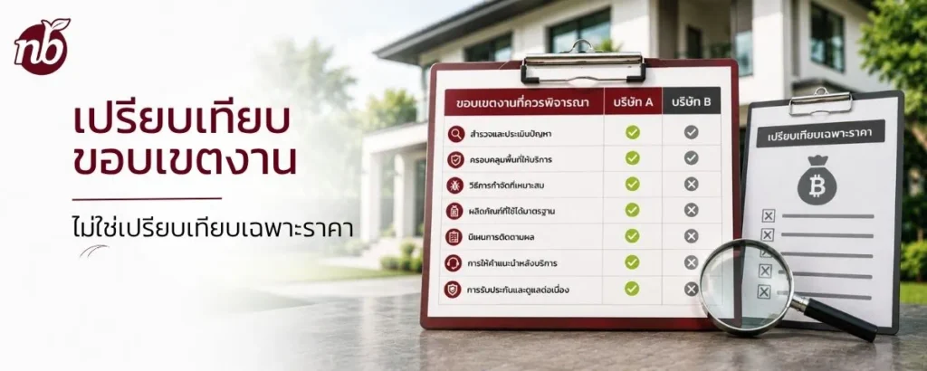 ภาพประกอบการเปรียบเทียบขอบเขตงานและรายละเอียดบริการของบริษัทกำจัดปลวก เพื่อช่วยตัดสินใจเลือกผู้ให้บริการที่คุ้มค่า