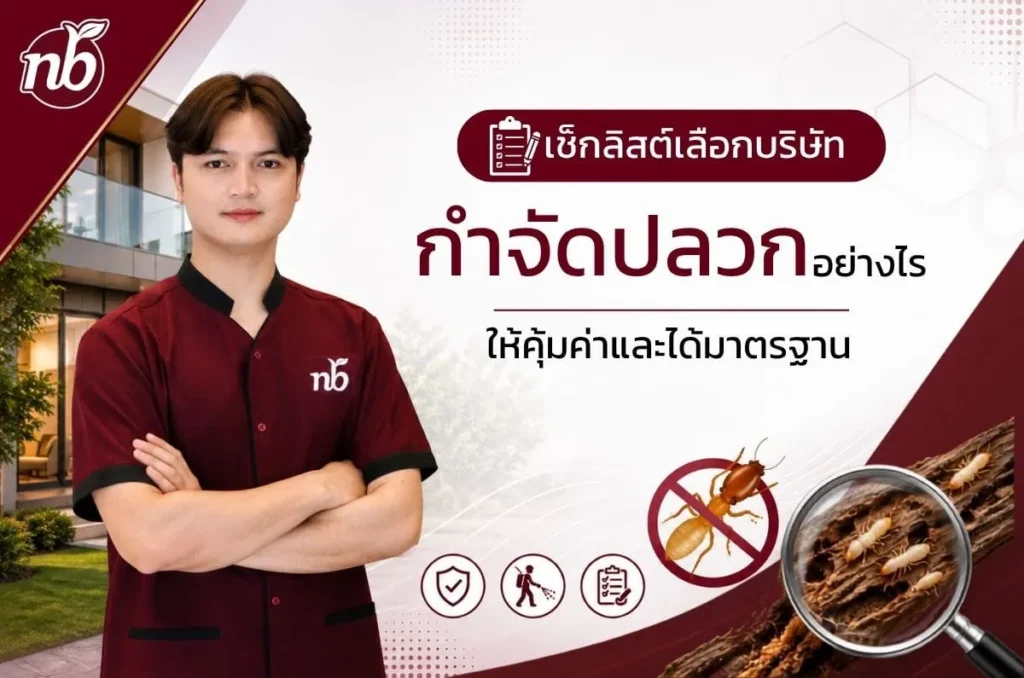 เจ้าหน้าที่บริการกำจัดปลวกพร้อมภาพประกอบเช็กลิสต์การเลือกบริษัทกำจัดปลวกที่ได้มาตรฐานสำหรับอาคารและองค์กร