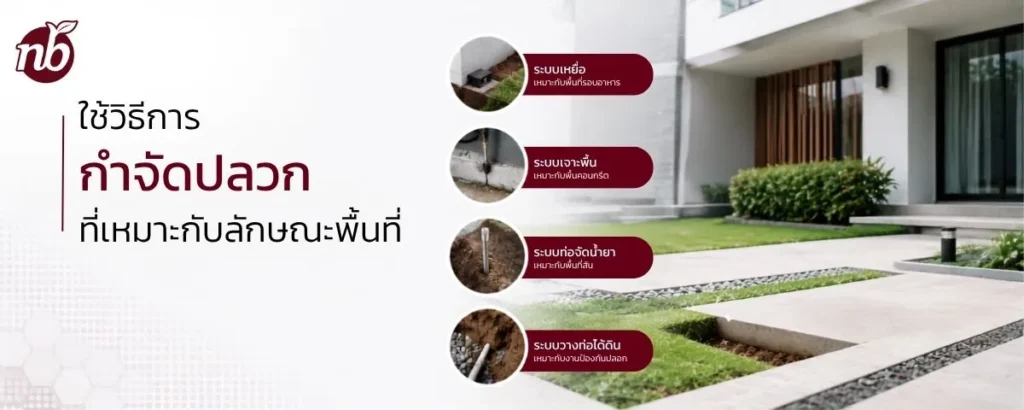 ภาพแสดงวิธีการกำจัดปลวกหลายรูปแบบที่เลือกใช้ให้เหมาะสมกับลักษณะพื้นที่และระดับความเสี่ยงของอาคาร