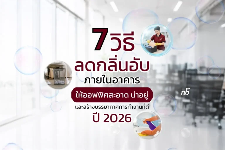 อินโฟกราฟิกแนะนำ 7 วิธีลดกลิ่นอับภายในอาคาร เพื่อให้ออฟฟิศสะอาด น่าอยู่ และสร้างบรรยากาศการทำงานที่ดี พร้อมภาพตัวอย่างการทำความสะอาดและดูแลพื้นที่สำนักงาน