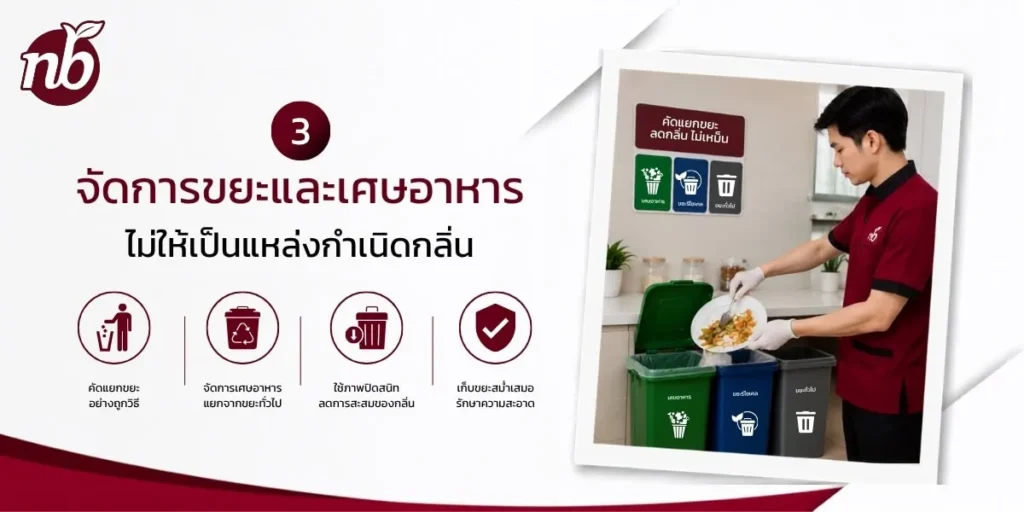 พนักงานกำลังคัดแยกขยะและเศษอาหารลงถังแยกประเภทภายในอาคาร เพื่อป้องกันการเกิดกลิ่นอับ ลดการสะสมของสิ่งสกปรก และรักษาความสะอาดของพื้นที่ทำงาน