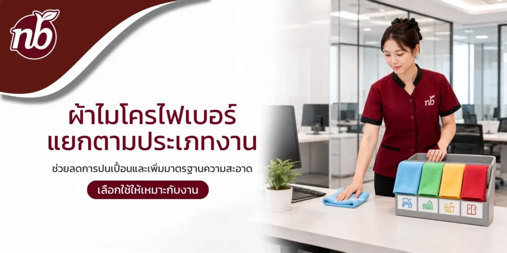 พนักงานใช้ผ้าไมโครไฟเบอร์เช็ดโต๊ะในสำนักงาน พร้อมผ้าแยกสีตามประเภทงานเพื่อให้เลือกใช้งานได้เหมาะสม