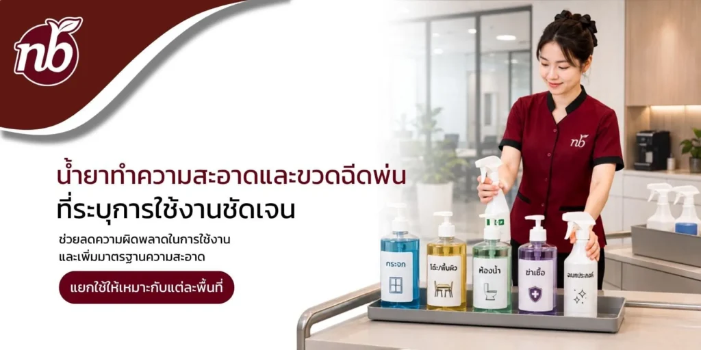พนักงานจัดเตรียมผลิตภัณฑ์ทำความสะอาดและขวดแบ่งใช้ที่ติดฉลากชัดเจนสำหรับงานทำความสะอาดสำนักงานแต่ละพื้นที่