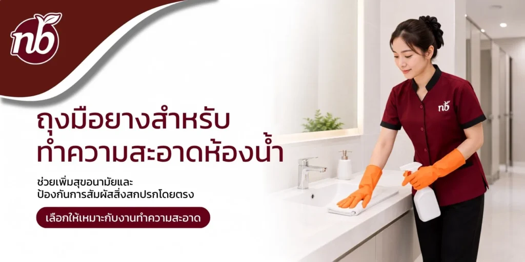 พนักงานสวมถุงมือยางขณะทำความสะอาดอ่างล้างมือในห้องน้ำ พร้อมขวดสเปรย์สำหรับงานทำความสะอาด